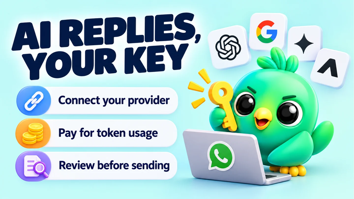 AI REPLIES, YOUR KEY: Connect your provider; Pay for token usage; Review before sending.