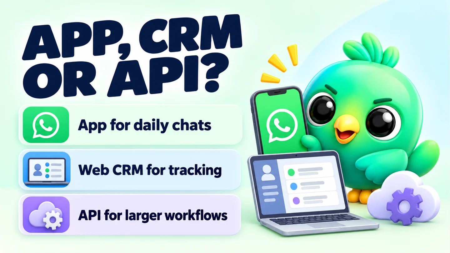 APP, CRM OR API?: App for daily chats; Web CRM for tracking; API for larger workflows.