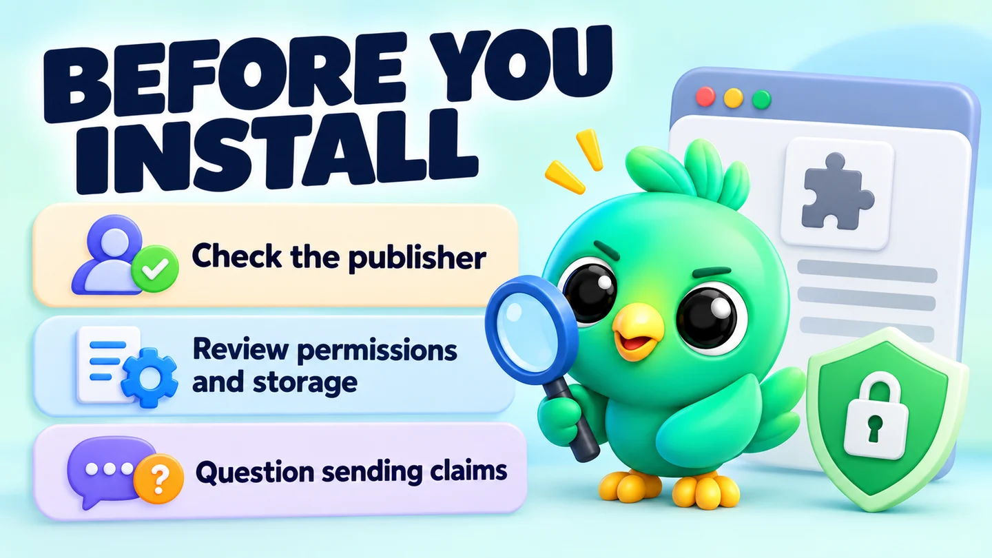 BEFORE YOU INSTALL: Check the publisher; Review permissions and storage; Question sending claims.