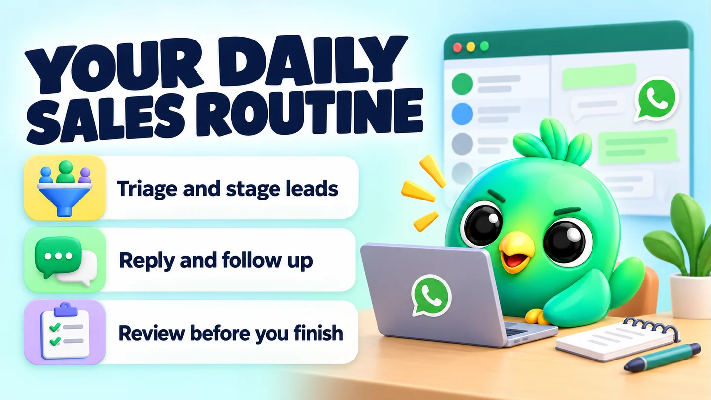 YOUR DAILY SALES ROUTINE: Triage and stage leads; Reply and follow up; Review before you finish.