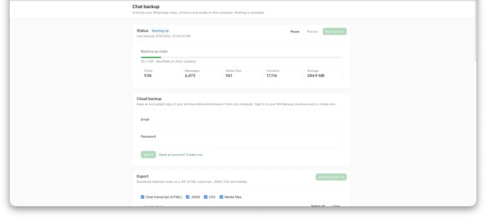 Chat Backup screen in InboxCRM