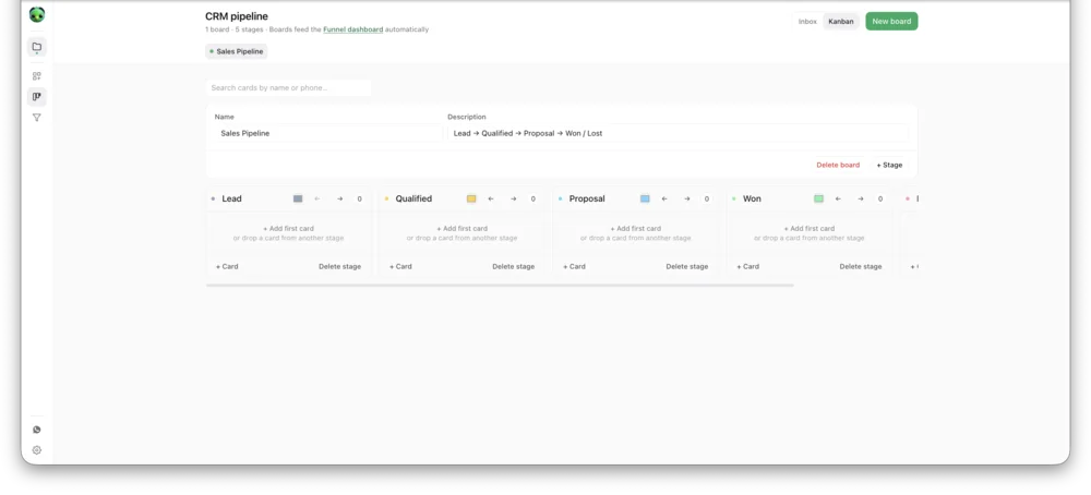 CRM Pipeline screen in InboxCRM