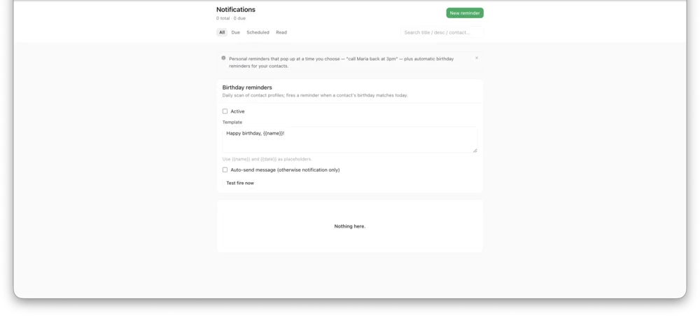 Notifications & Reminders screen in InboxCRM