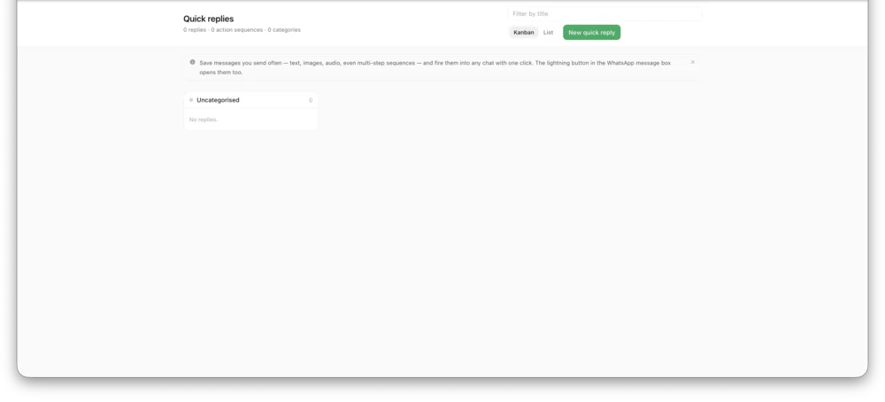 Quick Replies screen in InboxCRM